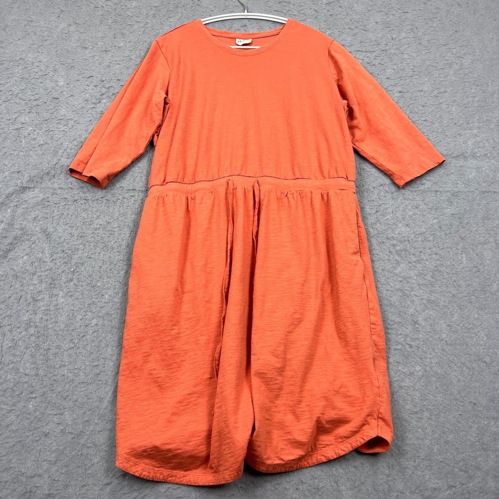Pact Organic Dress Women's Large Orange‎ Relaxed Slub Tie Waist 3/4 Sleeve Midi